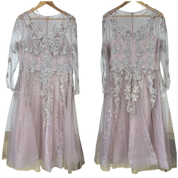 Mac Duggal NWT Sheer Neckline Illusion Sleeve Midi Dress Embroidered Size 14 - Picture 3 of 8